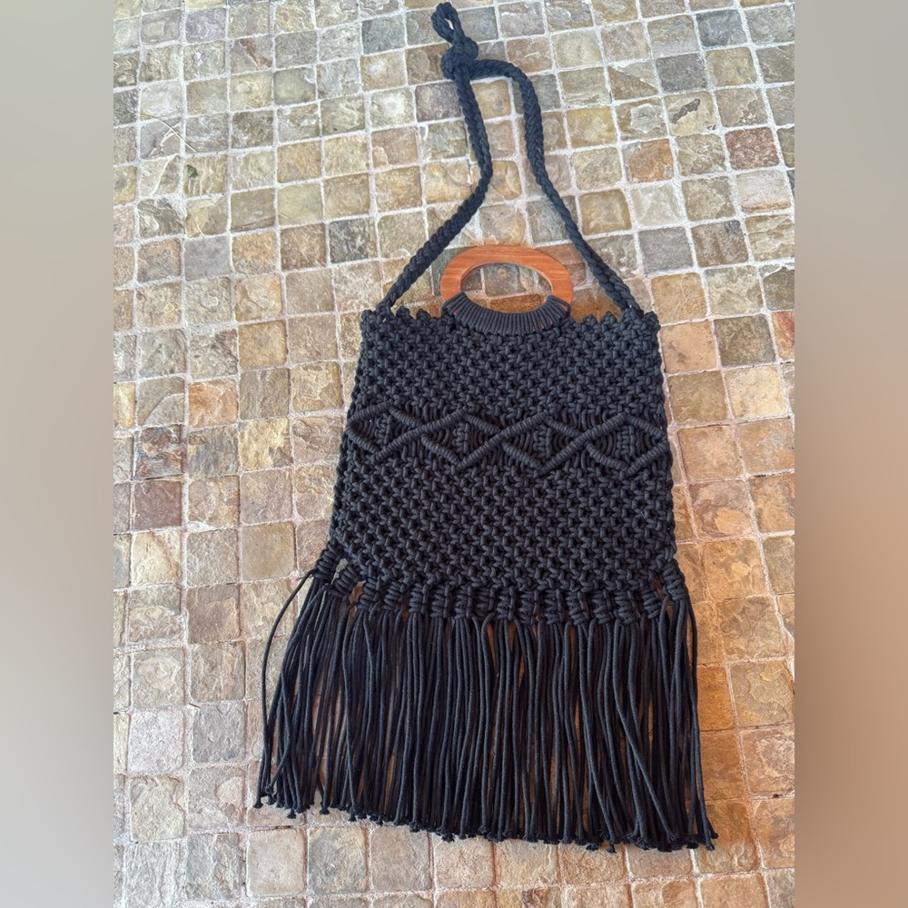 Danielle Nicole Handcrafted Black Macramé Fringe Bag